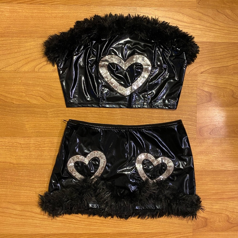 Black Faux Leather & Rhinestone Heart Bandeau Skort Set